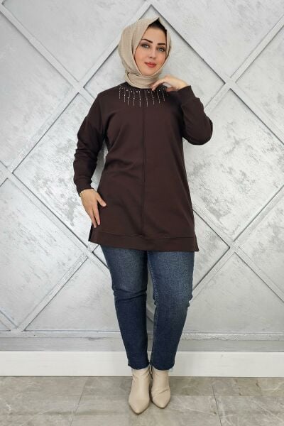 KADIN TAŞ DETAYLI TESETTÜR TUNİK KAHVERENGİ - 4 BEDEN