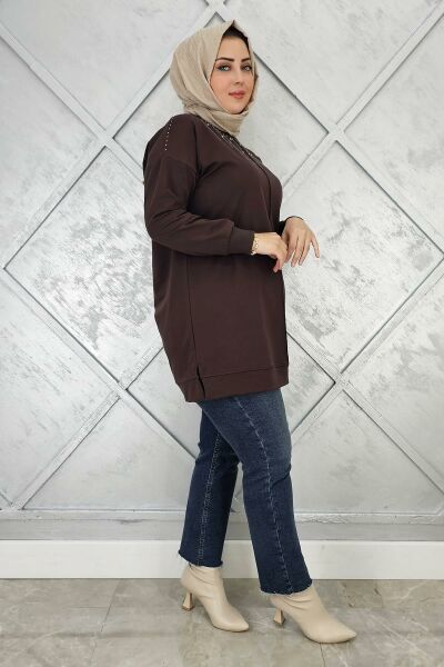 KADIN TAŞ DETAYLI TESETTÜR TUNİK KAHVERENGİ - 4 BEDEN