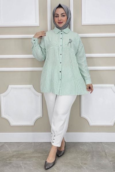 PYS KADIN ÇİZGİLİ BROŞ DETAYLI TESETTÜR GÖMLEK
