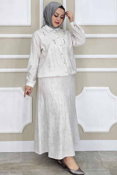 PYS KADIN TAŞ DETAYLI GÖMLEK ETEK TESETTÜR TAKIM TAŞ - 5 BEDEN