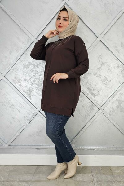 KADIN TAŞ DETAYLI TESETTÜR TUNİK KAHVERENGİ - 5 BEDEN