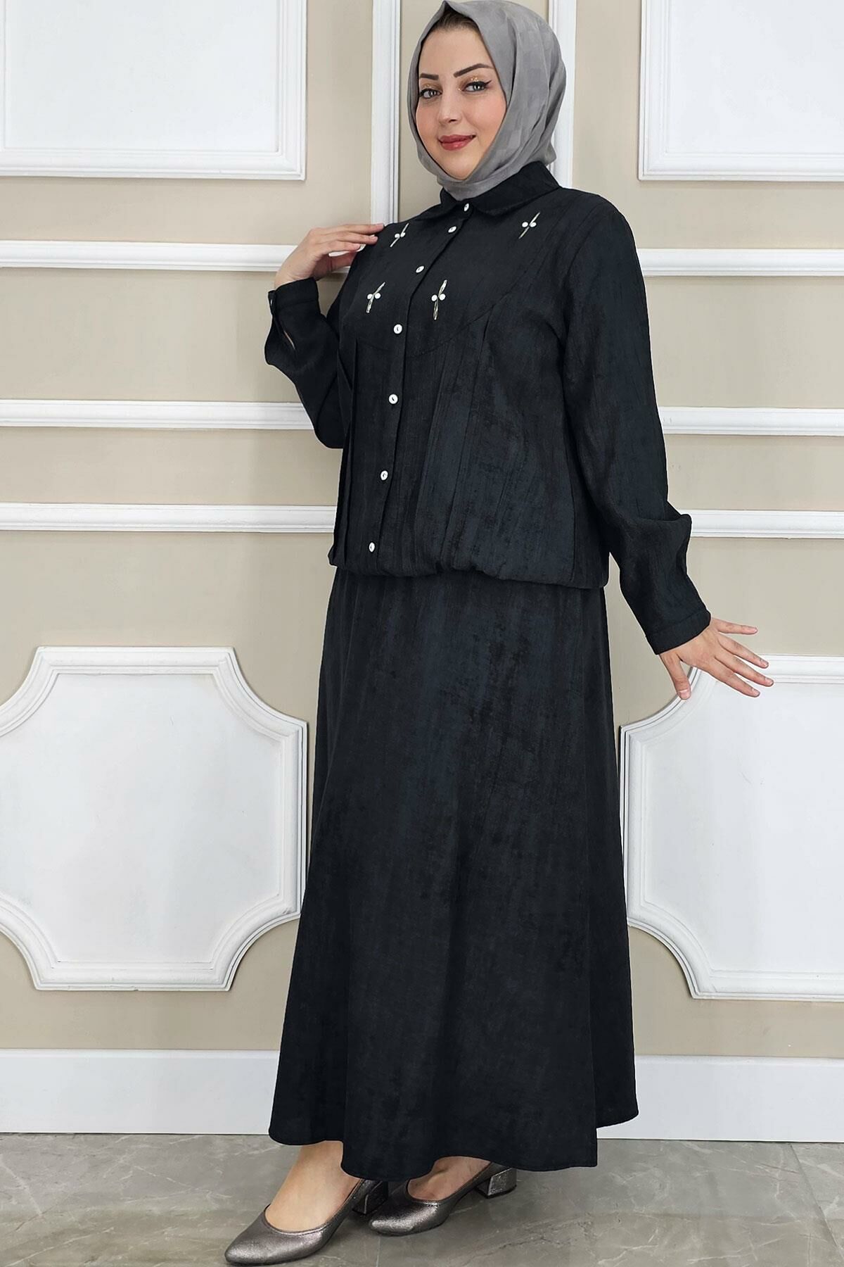 PYS KADIN TAŞ DETAYLI GÖMLEK ETEK TESETTÜR TAKIM SİYAH - 5 BEDEN