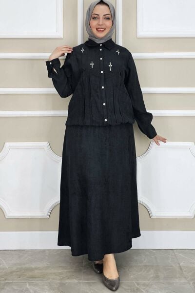 PYS KADIN TAŞ DETAYLI GÖMLEK ETEK TESETTÜR TAKIM SİYAH - 5 BEDEN