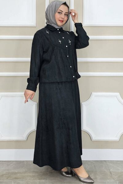 PYS KADIN TAŞ DETAYLI GÖMLEK ETEK TESETTÜR TAKIM SİYAH - 5 BEDEN