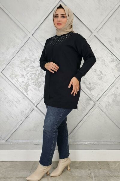 KADIN TAŞ DETAYLI TESETTÜR TUNİK SİYAH - 3 BEDEN