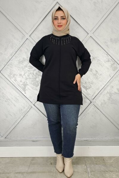 KADIN TAŞ DETAYLI TESETTÜR TUNİK SİYAH - 3 BEDEN