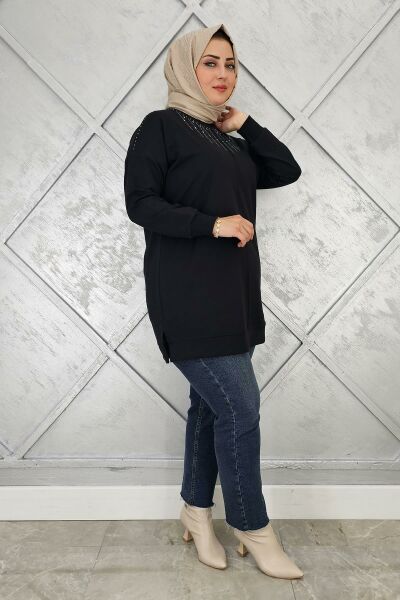 KADIN TAŞ DETAYLI TESETTÜR TUNİK SİYAH - 3 BEDEN