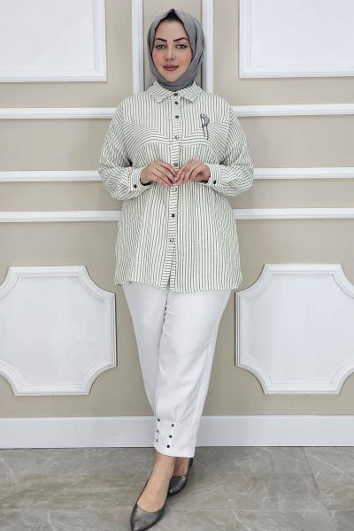 PYS KADIN ÇİZGİLİ BROŞ DETAYLI TESETTÜR GÖMLEK HAKİ - 4 BEDEN