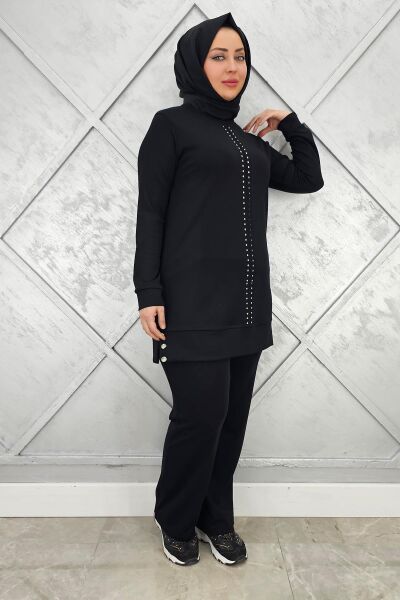 KADIN TAŞ DETAYLI TESETTÜR TAKIM SİYAH - 2XL