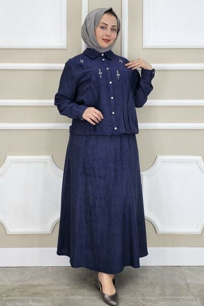 PYS KADIN TAŞ DETAYLI GÖMLEK ETEK TESETTÜR TAKIM LACİVERT - 4 BEDEN