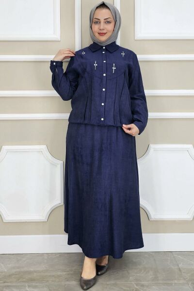 PYS KADIN TAŞ DETAYLI GÖMLEK ETEK TESETTÜR TAKIM LACİVERT - 4 BEDEN