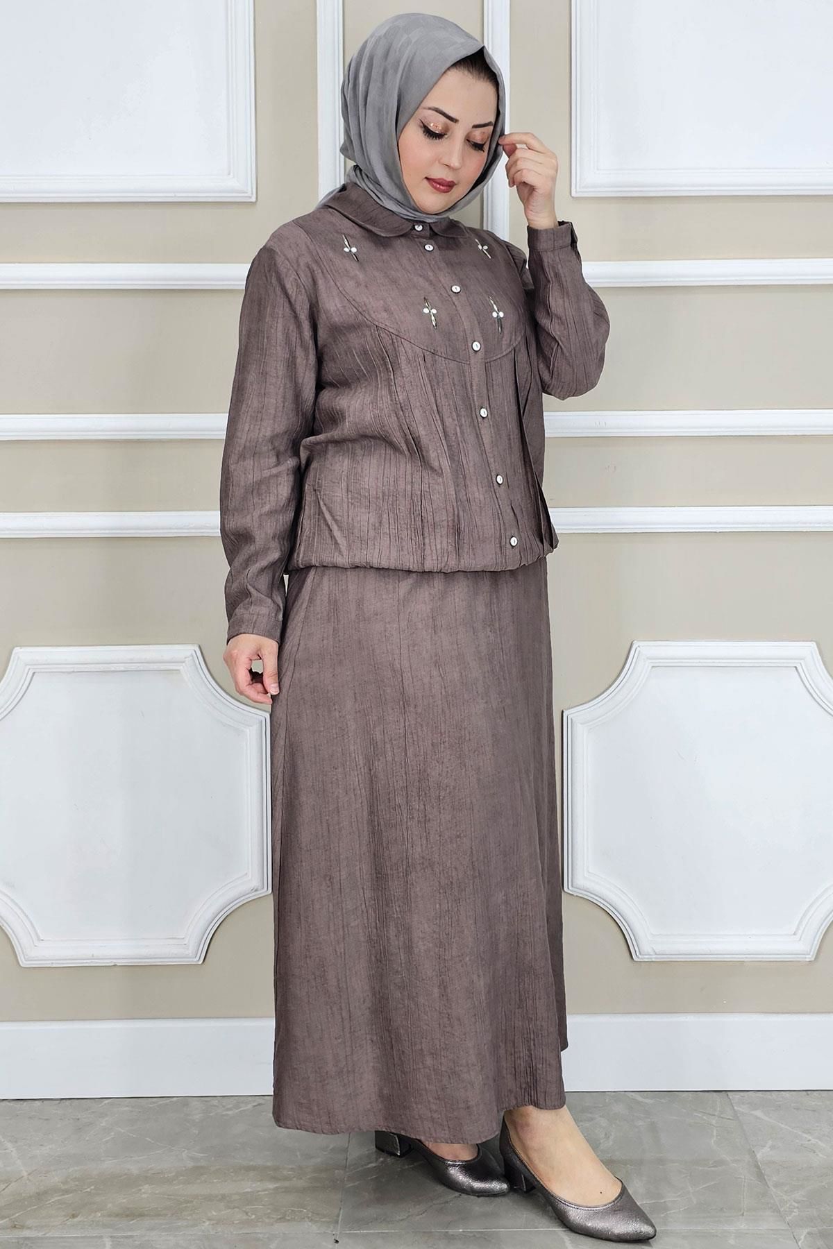 PYS KADIN TAŞ DETAYLI GÖMLEK ETEK TESETTÜR TAKIM KAHVERENGİ - 2 BEDEN
