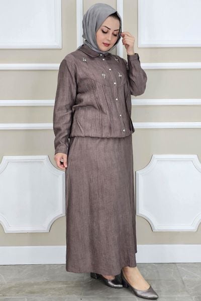 PYS KADIN TAŞ DETAYLI GÖMLEK ETEK TESETTÜR TAKIM KAHVERENGİ - 2 BEDEN