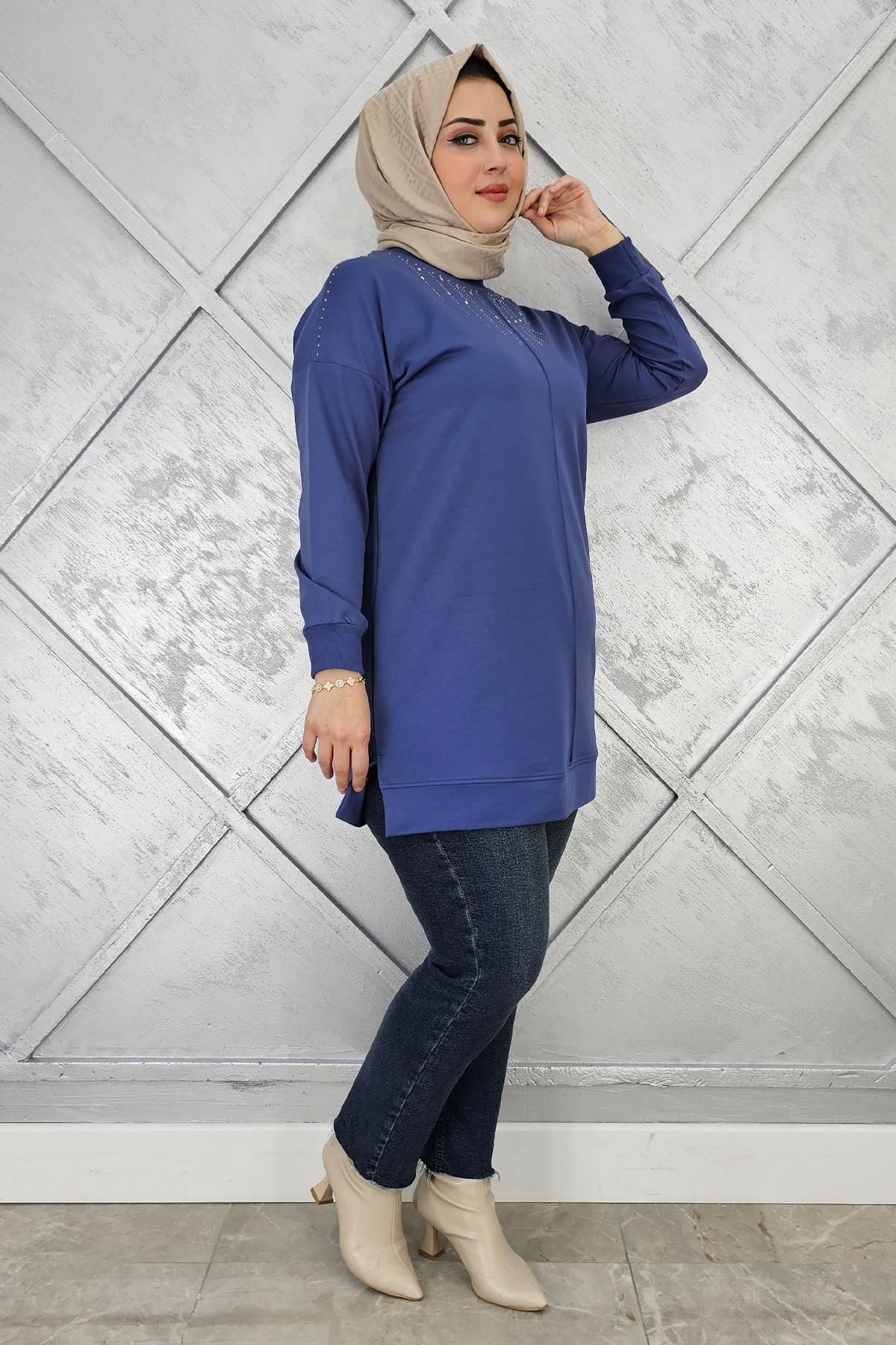 KADIN TAŞ DETAYLI TESETTÜR TUNİK İNDİGO - 3 BEDEN