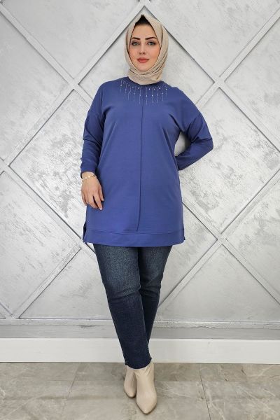 KADIN TAŞ DETAYLI TESETTÜR TUNİK İNDİGO - 3 BEDEN