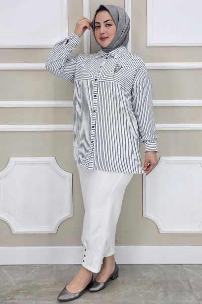 PYS KADIN ÇİZGİLİ BROŞ DETAYLI TESETTÜR GÖMLEK SİYAH - 2 BEDEN