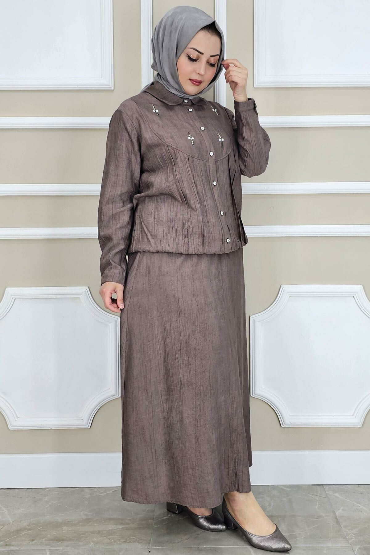PYS KADIN TAŞ DETAYLI GÖMLEK ETEK TESETTÜR TAKIM KAHVERENGİ - 3 BEDEN