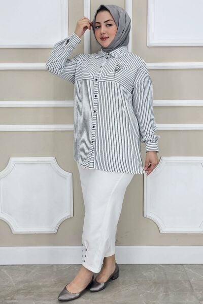 PYS KADIN ÇİZGİLİ BROŞ DETAYLI TESETTÜR GÖMLEK SİYAH - 4 BEDEN
