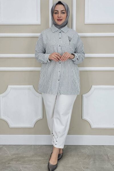PYS KADIN ÇİZGİLİ BROŞ DETAYLI TESETTÜR GÖMLEK SİYAH - 4 BEDEN