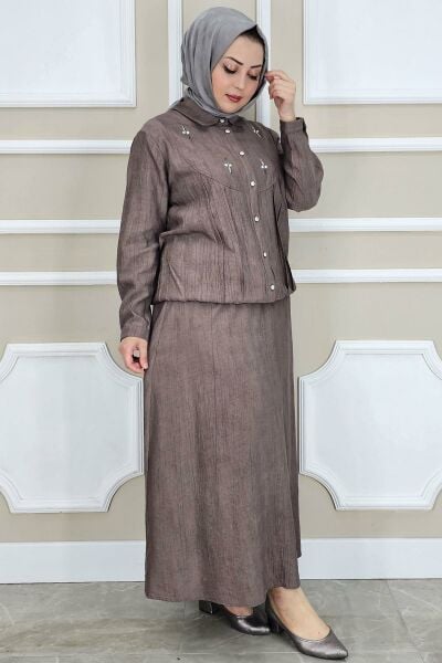 PYS KADIN TAŞ DETAYLI GÖMLEK ETEK TESETTÜR TAKIM KAHVERENGİ - 4 BEDEN
