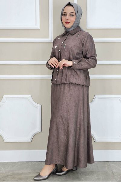PYS KADIN TAŞ DETAYLI GÖMLEK ETEK TESETTÜR TAKIM KAHVERENGİ - 4 BEDEN