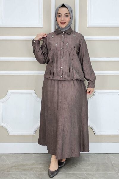 PYS KADIN TAŞ DETAYLI GÖMLEK ETEK TESETTÜR TAKIM KAHVERENGİ - 4 BEDEN