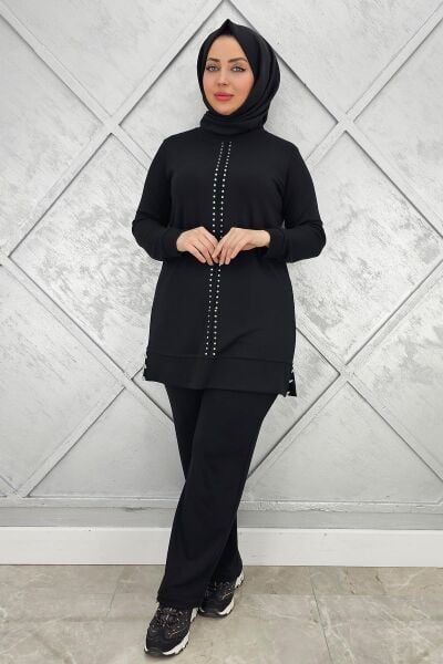 KADIN TAŞ DETAYLI TESETTÜR TAKIM SİYAH - 3XL
