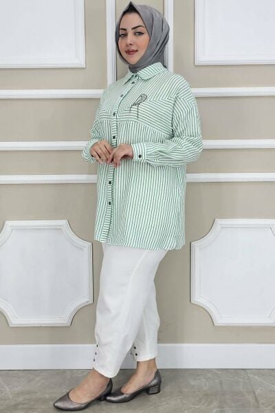 PYS KADIN ÇİZGİLİ BROŞ DETAYLI TESETTÜR GÖMLEK YEŞİL - 2 BEDEN