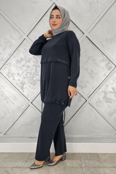KADIN TAŞ DETALI BAĞCIKLI TESETTÜR TAKIM SİYAH - 5 BEDEN