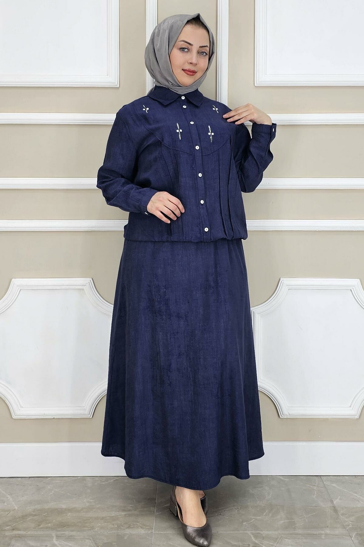 PYS KADIN TAŞ DETAYLI GÖMLEK ETEK TESETTÜR TAKIM LACİVERT - 5 BEDEN