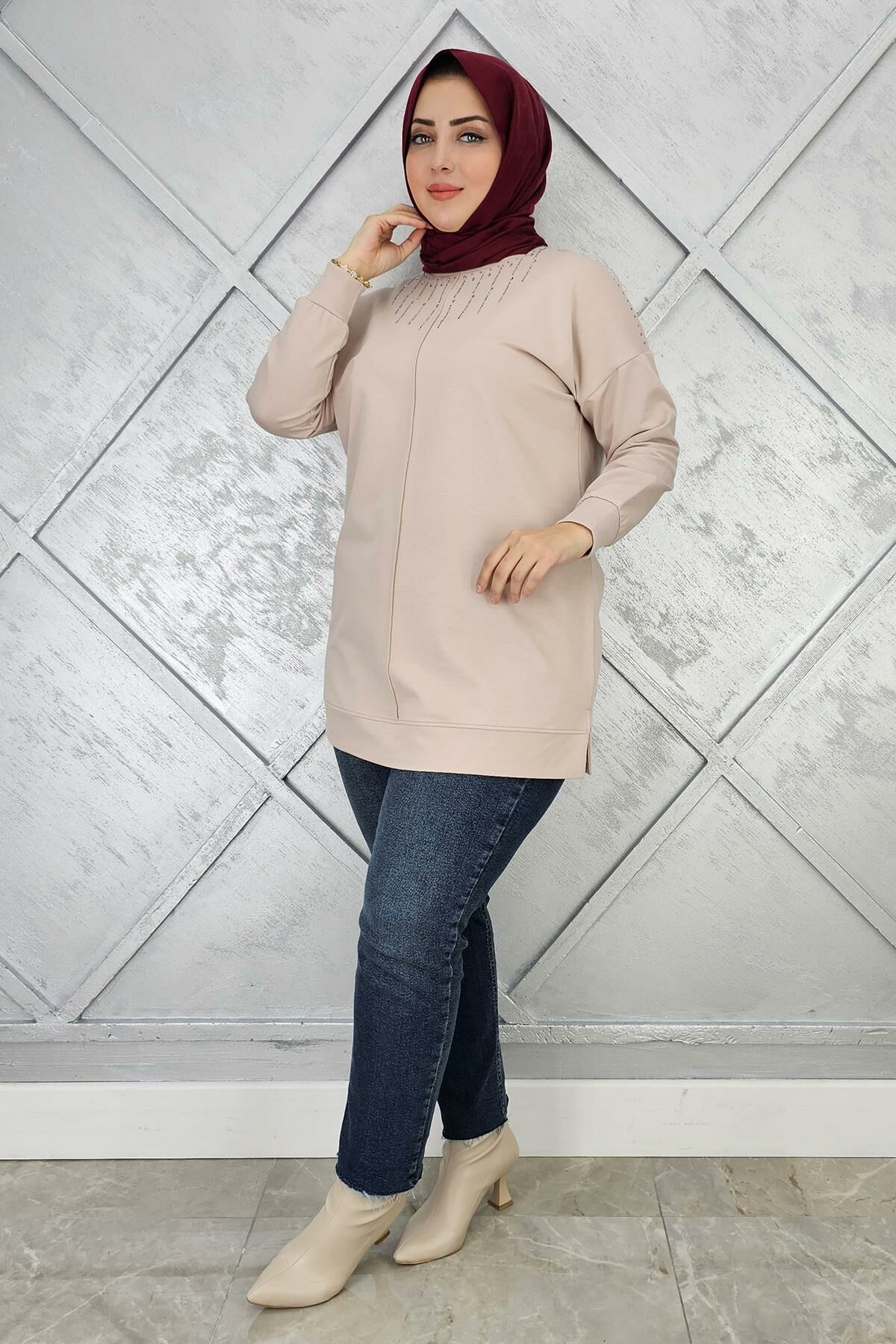 KADIN TAŞ DETAYLI TESETTÜR TUNİK BEJ - 4 BEDEN