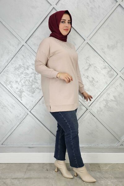 KADIN TAŞ DETAYLI TESETTÜR TUNİK BEJ - 4 BEDEN