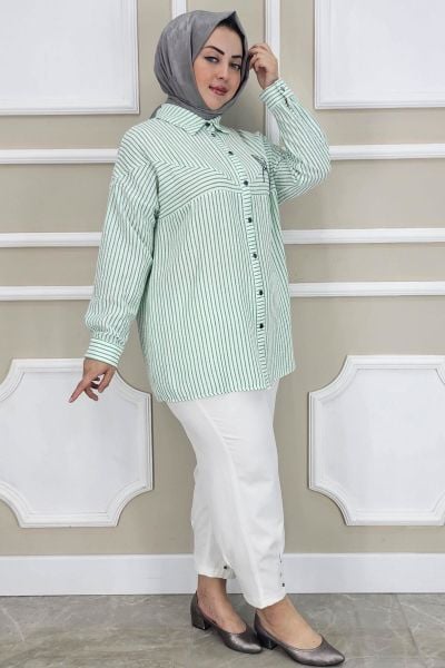 PYS KADIN ÇİZGİLİ BROŞ DETAYLI TESETTÜR GÖMLEK YEŞİL - 5 BEDEN