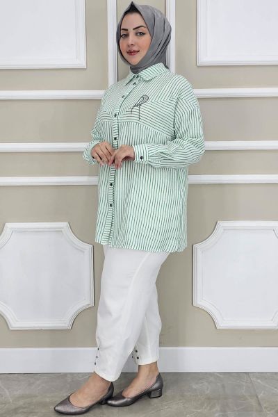 PYS KADIN ÇİZGİLİ BROŞ DETAYLI TESETTÜR GÖMLEK YEŞİL - 5 BEDEN