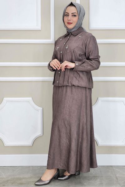 PYS KADIN TAŞ DETAYLI GÖMLEK ETEK TESETTÜR TAKIM KAHVERENGİ - 5 BEDEN