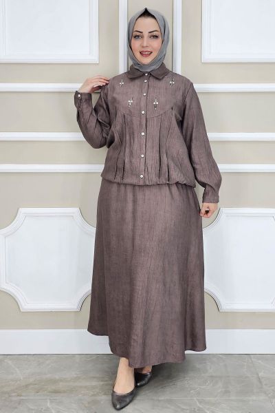 PYS KADIN TAŞ DETAYLI GÖMLEK ETEK TESETTÜR TAKIM KAHVERENGİ - 5 BEDEN