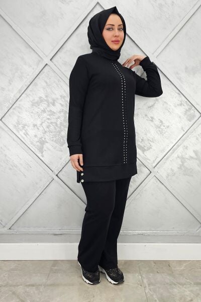 KADIN TAŞ DETAYLI TESETTÜR TAKIM SİYAH - XL