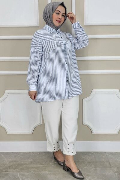 PYS KADIN ÇİZGİLİ BROŞ DETAYLI TESETTÜR GÖMLEK LACİVERT - 4 BEDEN