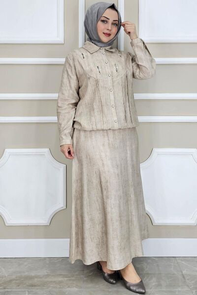 PYS KADIN TAŞ DETAYLI GÖMLEK ETEK TESETTÜR TAKIM BEJ - 3 BEDEN