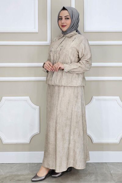 PYS KADIN TAŞ DETAYLI GÖMLEK ETEK TESETTÜR TAKIM BEJ - 3 BEDEN
