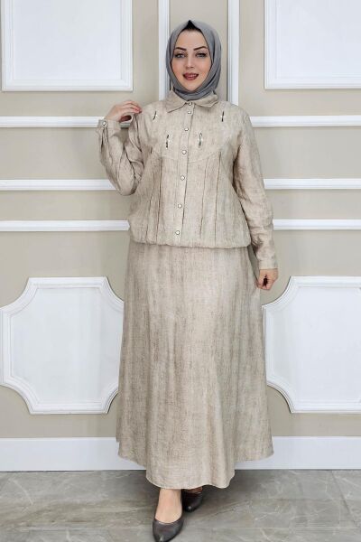 PYS KADIN TAŞ DETAYLI GÖMLEK ETEK TESETTÜR TAKIM BEJ - 3 BEDEN