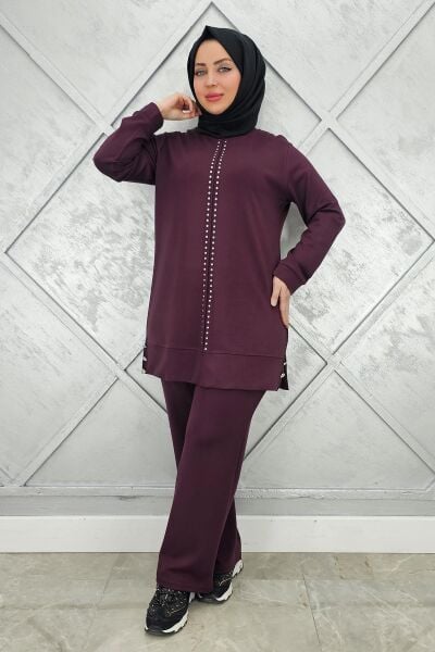 KADIN TAŞ DETAYLI TESETTÜR TAKIM BORDO - L