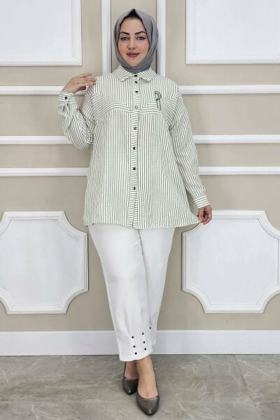PYS KADIN ÇİZGİLİ BROŞ DETAYLI TESETTÜR GÖMLEK HAKİ - 5 BEDEN