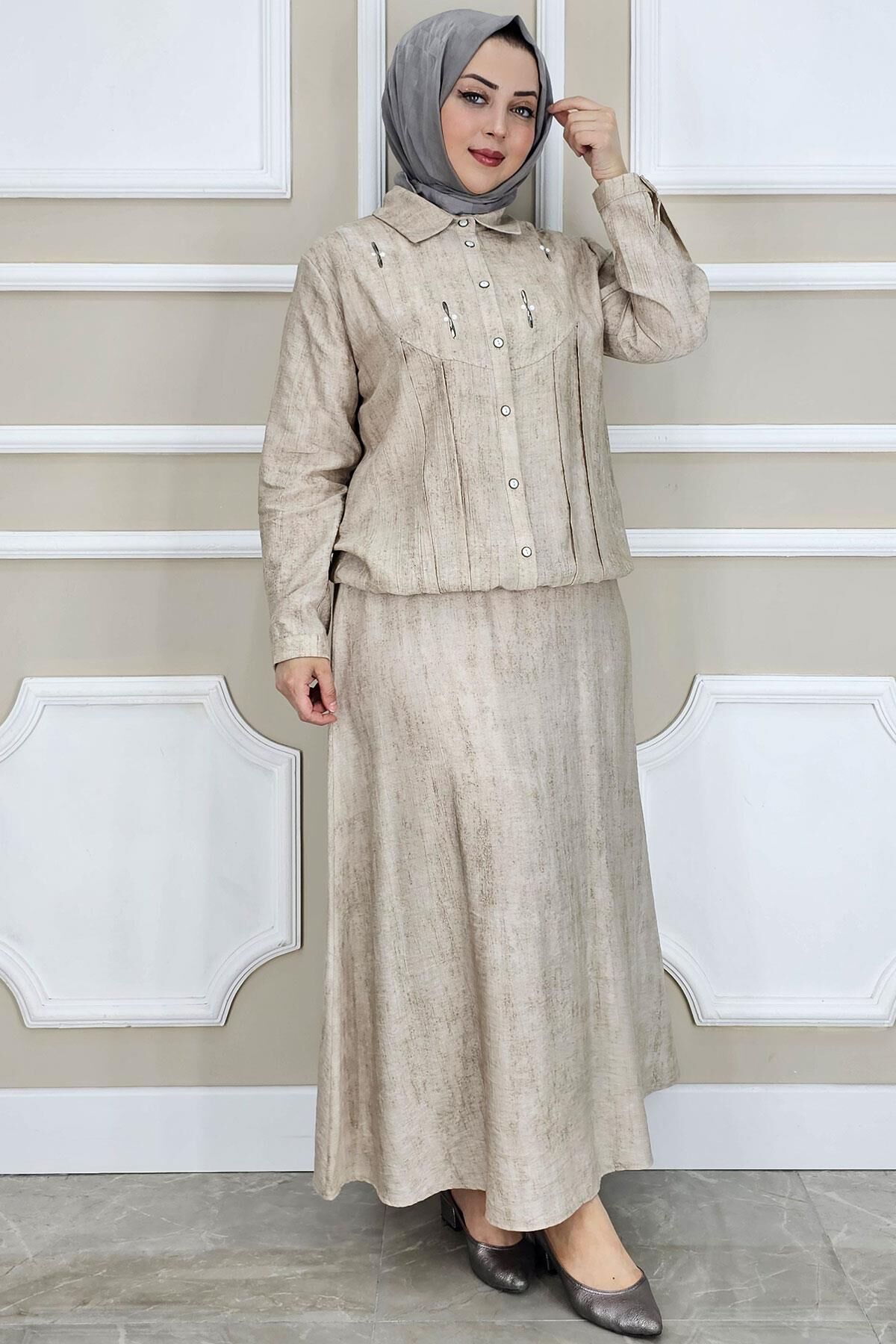 PYS KADIN TAŞ DETAYLI GÖMLEK ETEK TESETTÜR TAKIM BEJ - 4 BEDEN