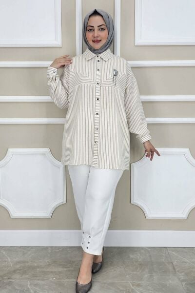 PYS KADIN ÇİZGİLİ BROŞ DETAYLI TESETTÜR GÖMLEK CAMEL - 3 BEDEN