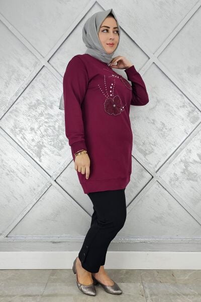 KADIN DİKME ÇİÇEK VE TAŞ DETAYLI TESETTÜR TUNİK BORDO - 5 BEDEN