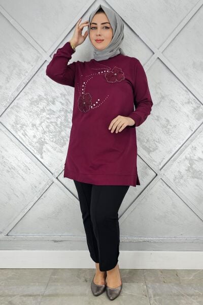 KADIN DİKME ÇİÇEK VE TAŞ DETAYLI TESETTÜR TUNİK BORDO - 5 BEDEN