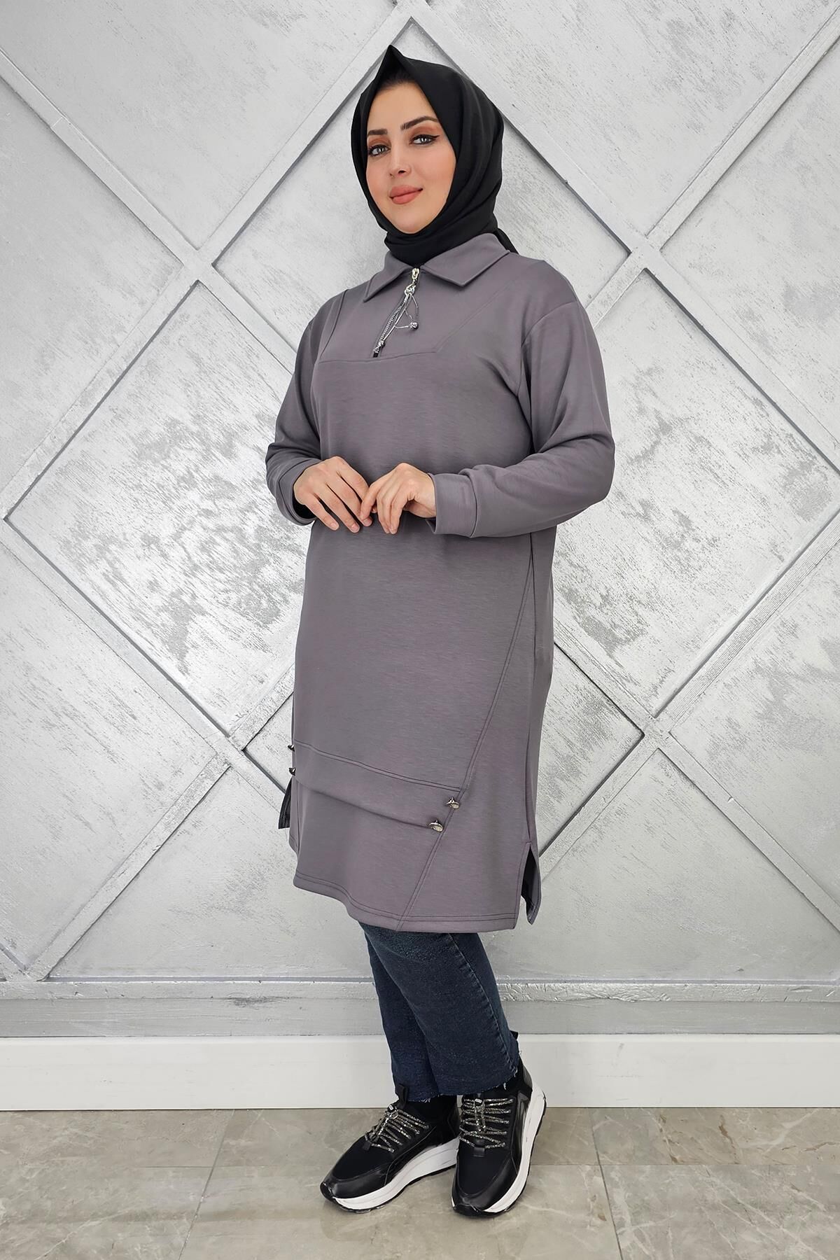 KADIN FERMUAR VE DÜĞME DETAYLI TESETTÜR TUNİK GRİ - 4 BEDEN