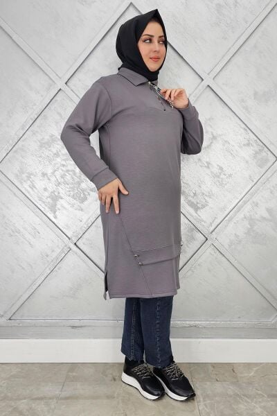 KADIN FERMUAR VE DÜĞME DETAYLI TESETTÜR TUNİK GRİ - 4 BEDEN