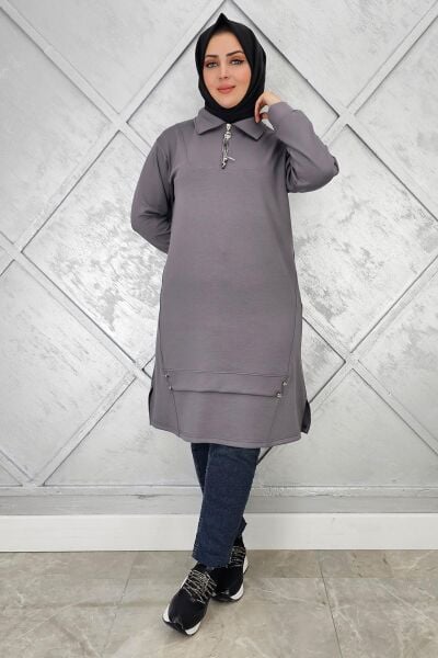KADIN FERMUAR VE DÜĞME DETAYLI TESETTÜR TUNİK GRİ - 4 BEDEN